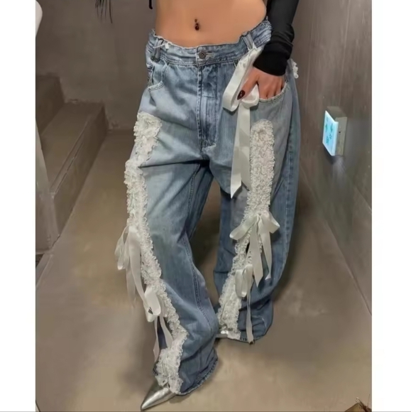 Pants - Street Spliced Button Jeans for Women Patchwork Bows Wide Leg Pants Female